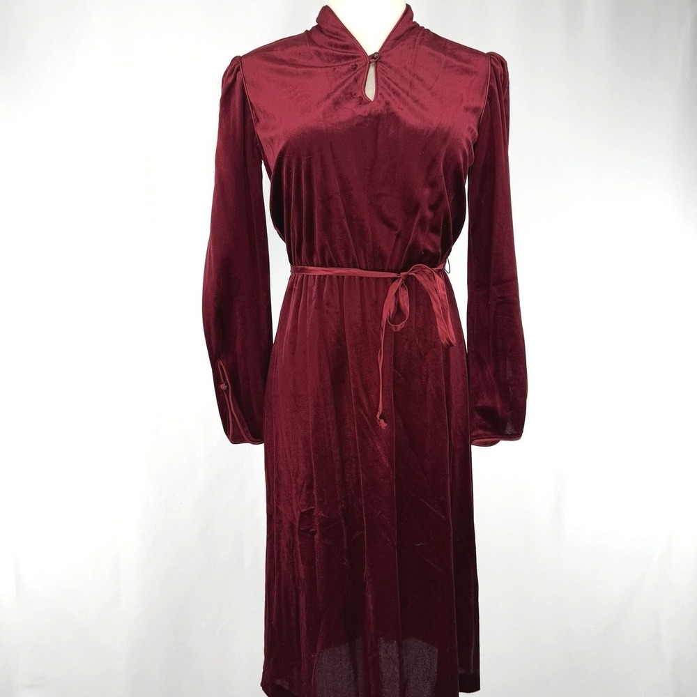 Vintage 70s Velvet Dress Burgundy Midi Tie Waist Keyhole 7/8 Jodi Michaels